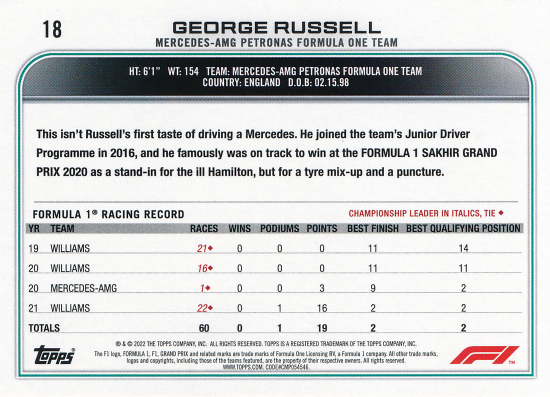 Carte Signée George Russell Avec Photo - F1 Mercedes, Certification UACC RD, Occasion