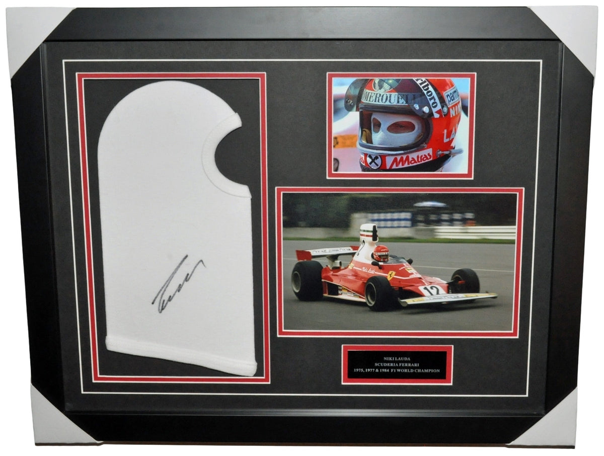 Niki Lauda Signed 22X28 Inches Ferrari Photos Balaclava Montage 