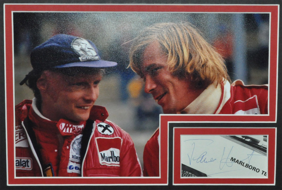 F1、ニキ・ラウダ、直筆サイン、写真 James Hunt & Niki Lauda Signed 1976 F1 Photos Montage Frame