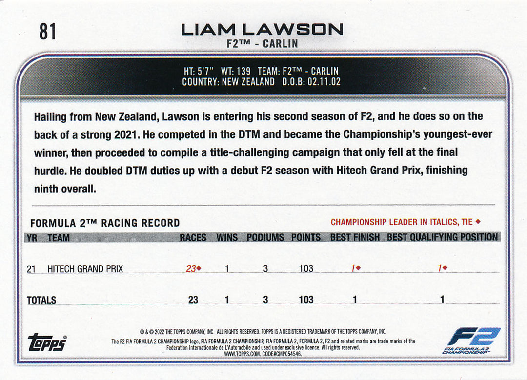 Liam Lawson Signed 2022 Topps Flagship Racing Hobby Formula 2 F2