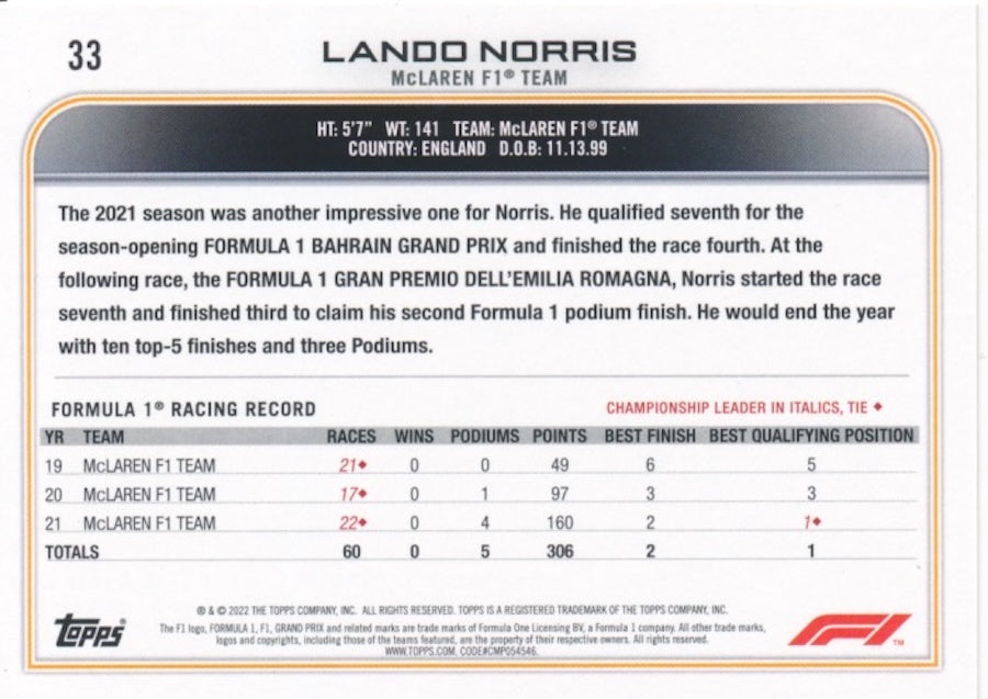 Norris 22 Racing Letters Lando Norris Signed 2022 Topps Chrome Formula 1 McLaren F1 Team #33 Ca ...