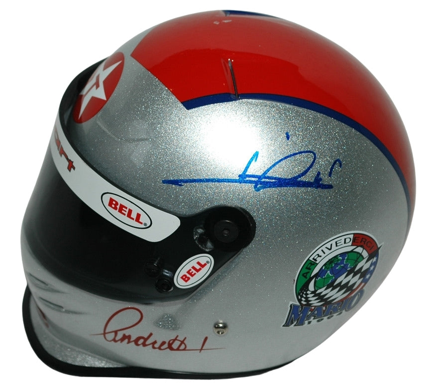 Mario Andretti Signed 1/2 Scale Mini Helmet Replica Formula World Shop Inc. Mario Andretti Signed 1/2 Scale Mini Helmet Replica Formula World Shop Inc.